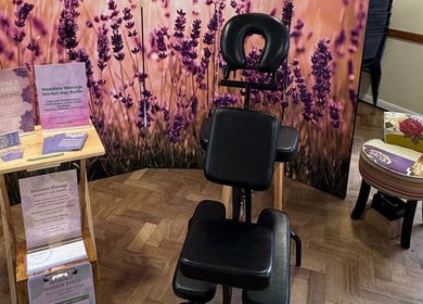 Mandala Massage setup with lavender theme in Berkhamsted, England, GB.