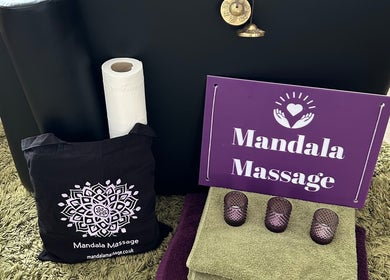 Mandala Massage setup with branded bag and towels in Berkhamsted, England, GB.