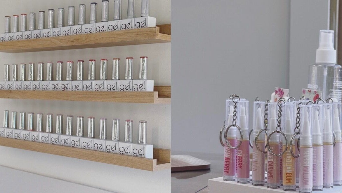 Colorful nail gel polish and lip balm display at Ambnailedit, Cross Houses, England, GB.