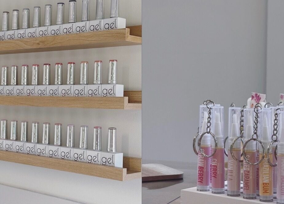 Colorful nail gel polish and lip balm display at Ambnailedit, Cross Houses, England, GB.