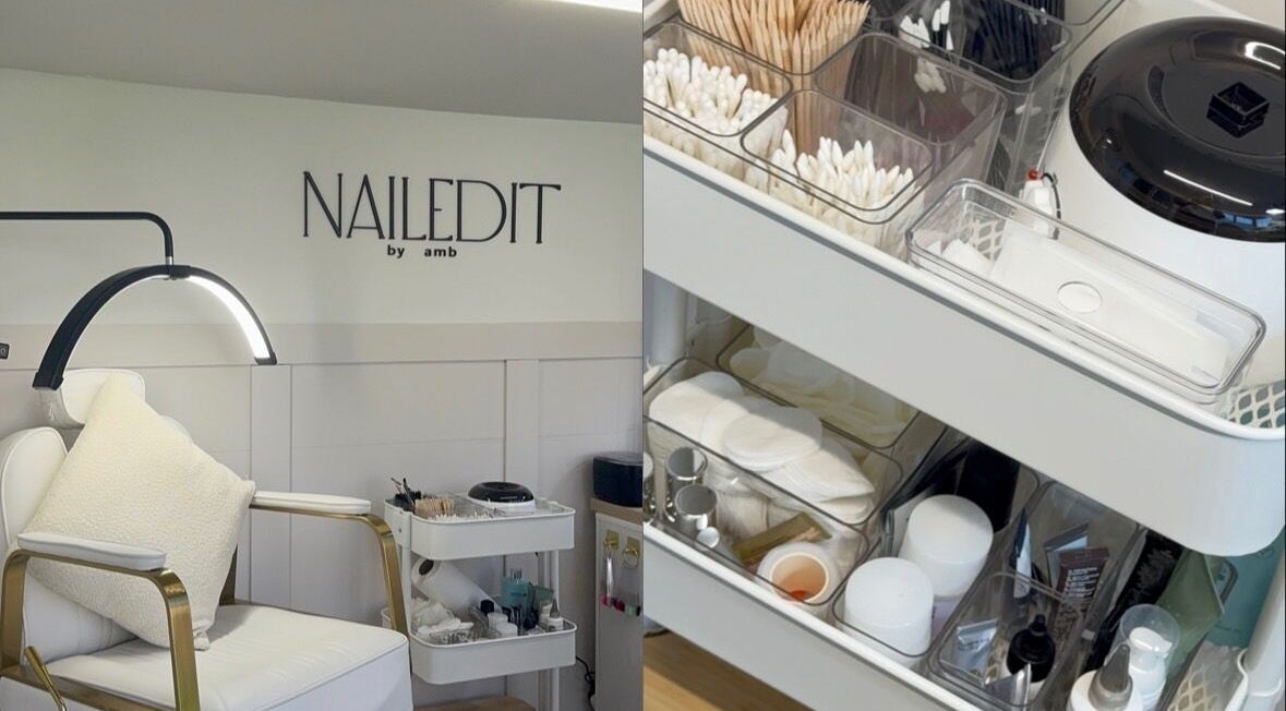 Ambnailedit nail care setup in Cross Houses, England, GB, featuring a stylish manicure chair and organized supplies.