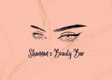 Stylized eyes and logo of Shannan’s Beauty Bar in Tiverton, Rhode Island, US on a peach background.