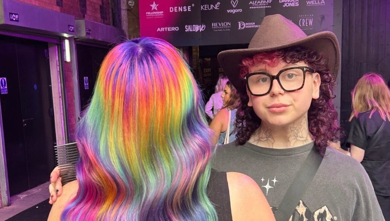 Colorful rainbow hair style at Pinkflamingohairr, Newcastle, Tyne and Wear, GB.