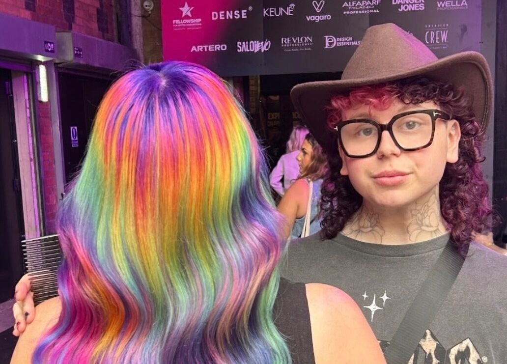 Colorful rainbow hair style at Pinkflamingohairr, Newcastle, Tyne and Wear, GB.