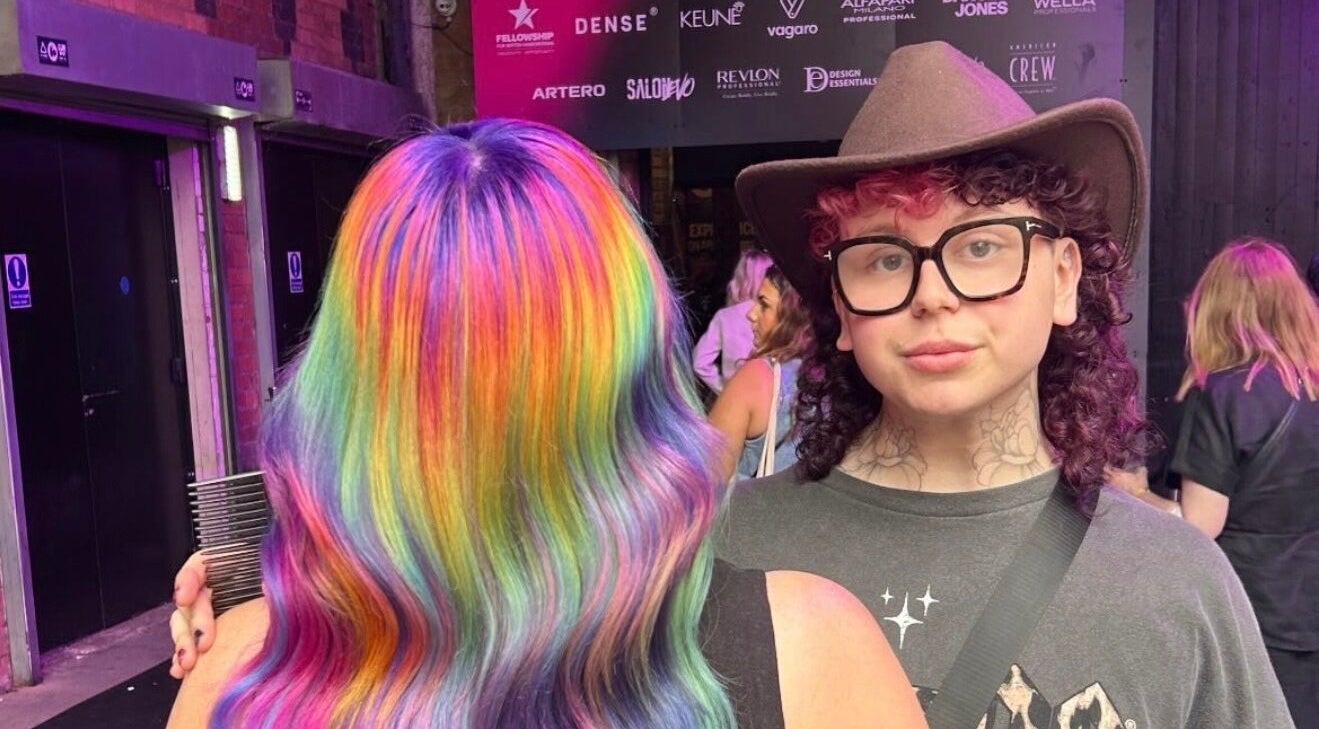 Colorful rainbow hair style at Pinkflamingohairr, Newcastle, Tyne and Wear, GB.