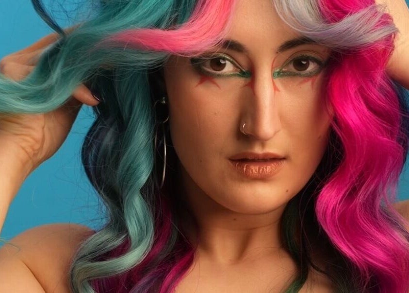 Model with colorful hair at Pinkflamingohairr in Newcastle, Tyne and Wear, GB, showcasing unique style.