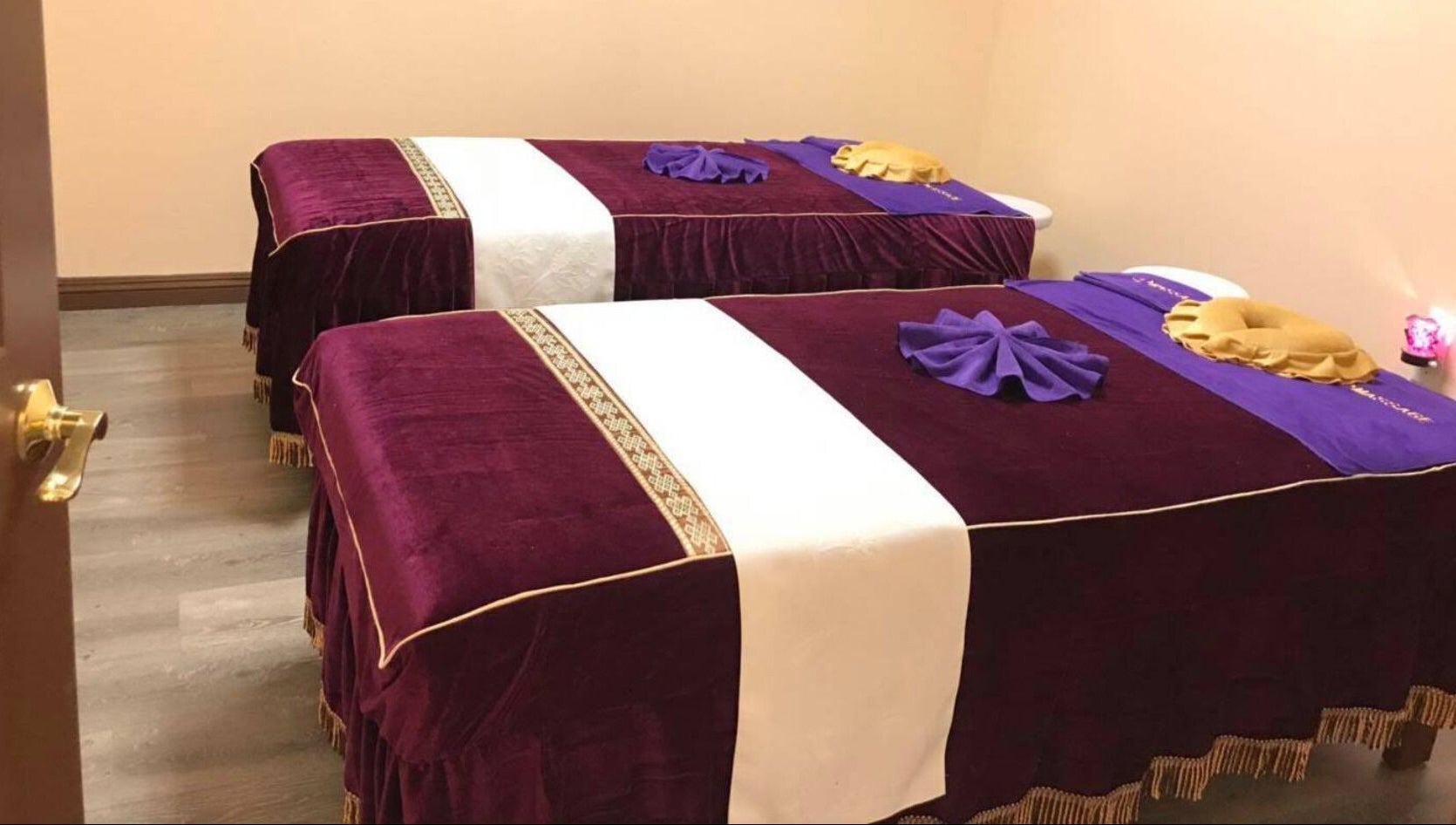 Tranquil massage room at Durango Massage, Las Vegas, Nevada, US, featuring two plush treatment tables.