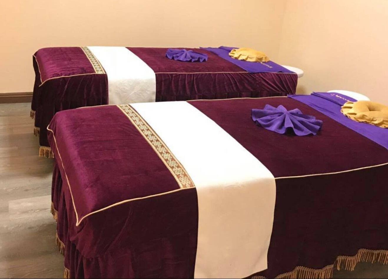 Tranquil massage room at Durango Massage, Las Vegas, Nevada, US, featuring two plush treatment tables.