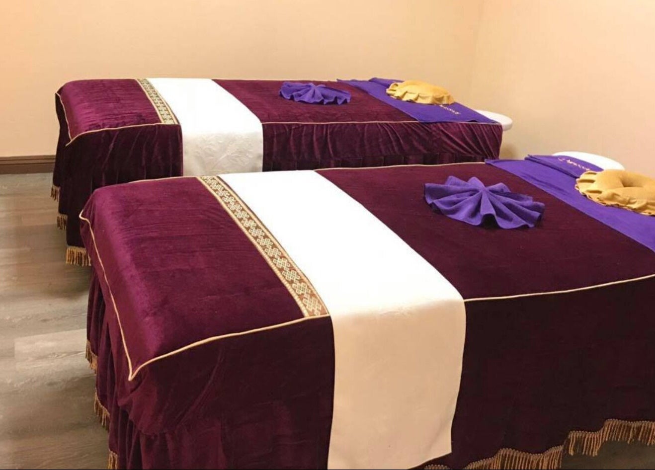 Tranquil massage room at Durango Massage, Las Vegas, Nevada, US, featuring two plush treatment tables.