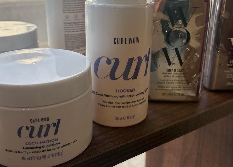 Curl hair care products displayed on a shelf at Colour Palette, County Meath, County Meath, IE.