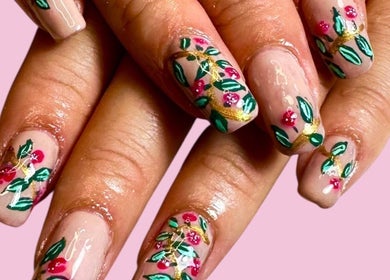 Floral nail art at Jazz Hands, Ripon, England, GB, showcasing intricate leaf and petal designs.