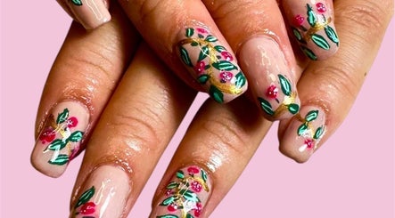 Floral nail art at Jazz Hands, Ripon, England, GB, showcasing intricate leaf and petal designs.