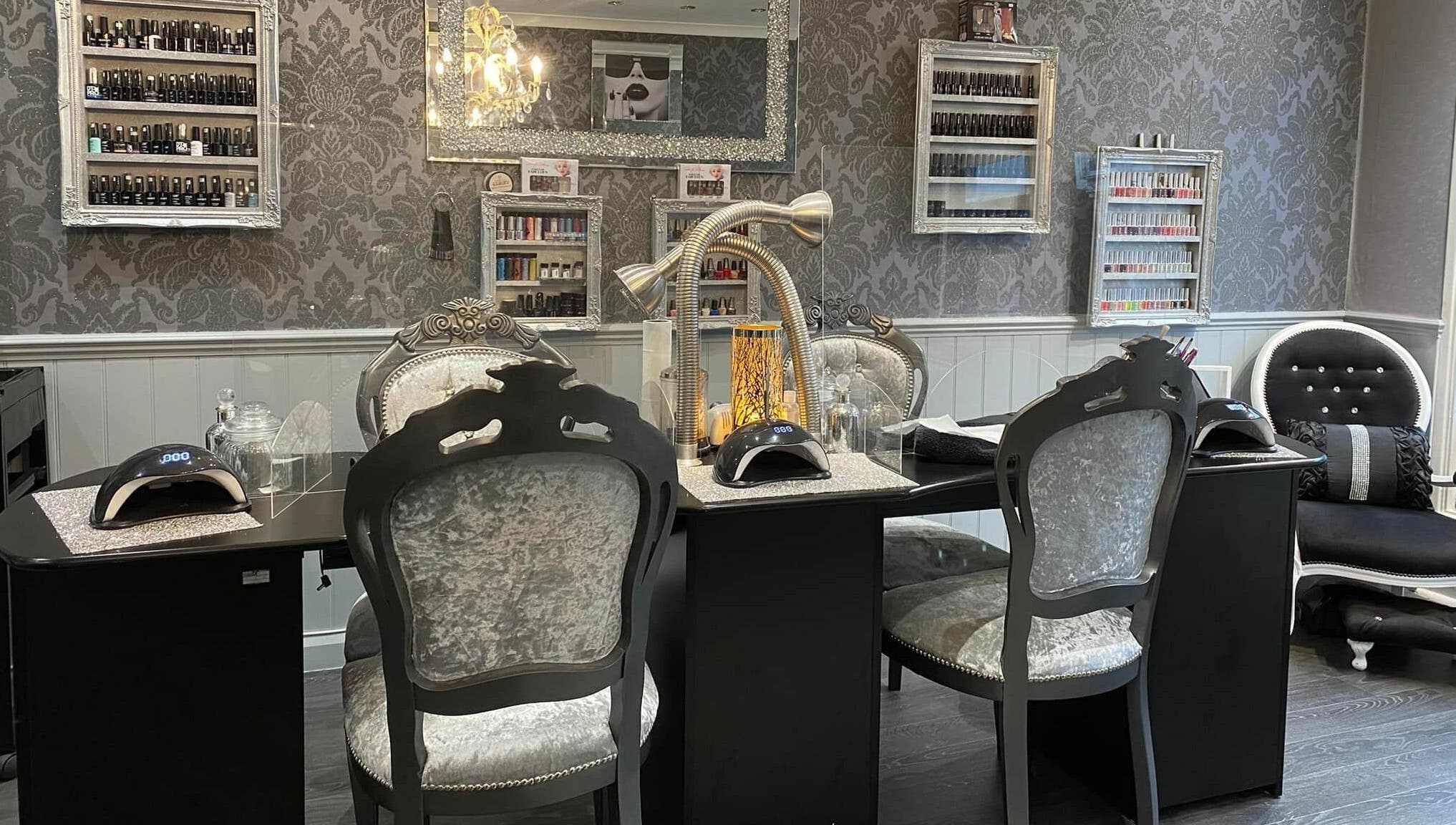 Luxury nail station at Hayley's Hands and Beauty in Warwick, England, GB, featuring chic decor and manicure essentials.
