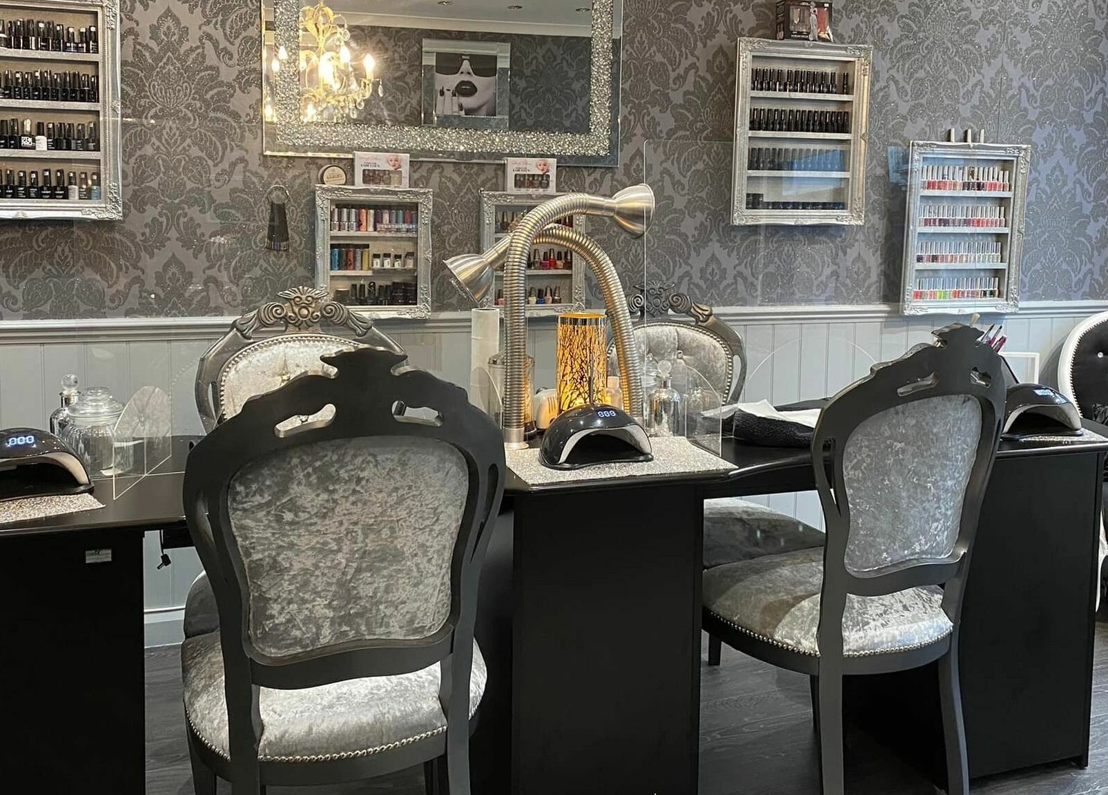 Luxury nail station at Hayley's Hands and Beauty in Warwick, England, GB, featuring chic decor and manicure essentials.