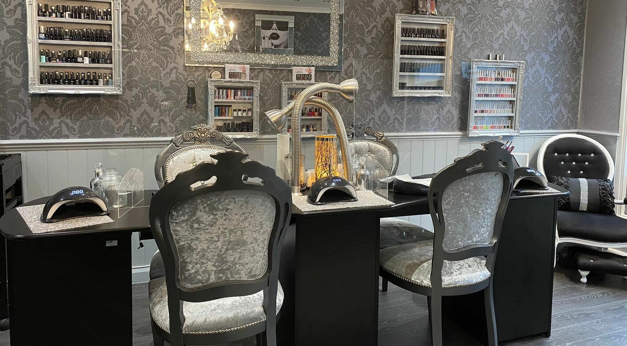 Luxury nail station at Hayley's Hands and Beauty in Warwick, England, GB, featuring chic decor and manicure essentials.
