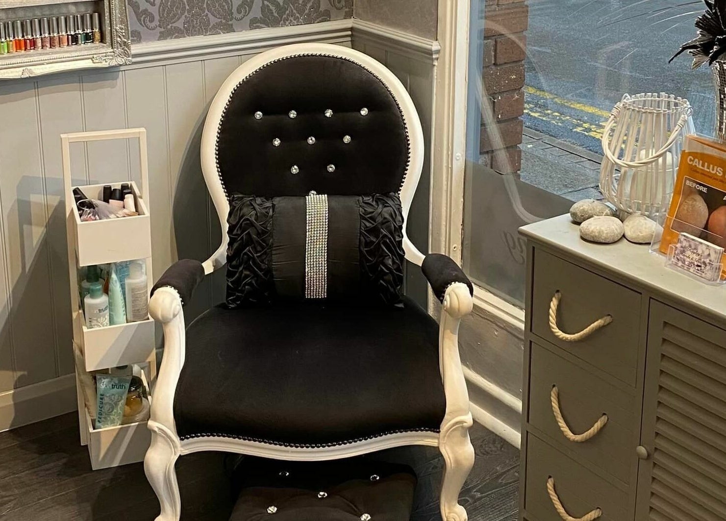 Luxurious nail station at Hayley's Hands and Beauty in Warwick, England, GB showcasing elegant decor and comfort.