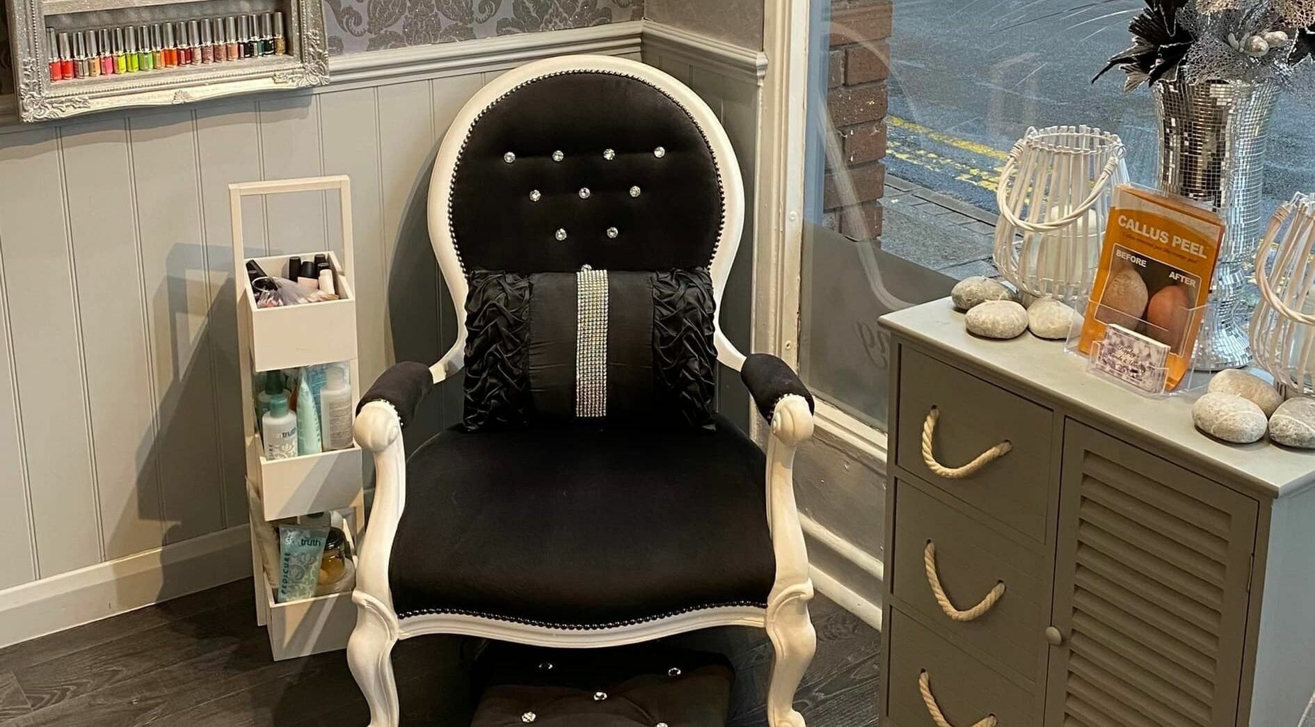 Luxurious nail station at Hayley's Hands and Beauty in Warwick, England, GB showcasing elegant decor and comfort.