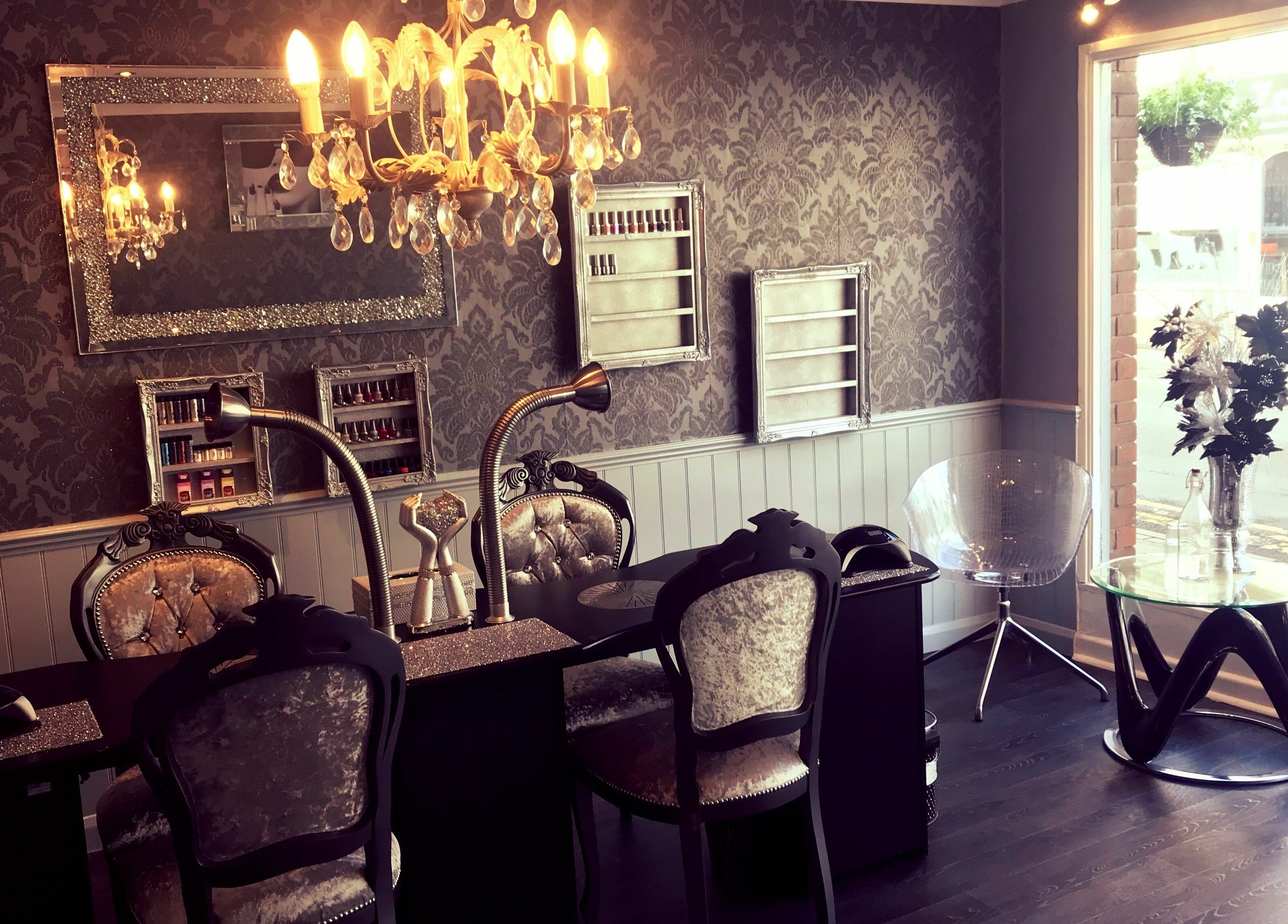 Luxurious interior of Hayley's Hands and Beauty, Warwick, England, GB, featuring elegant decor and seating.
