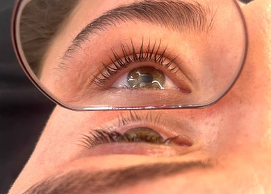 Close-up of styled eyelashes in a mirror at Dream Aesthetics, Chelmsford, England, GB.