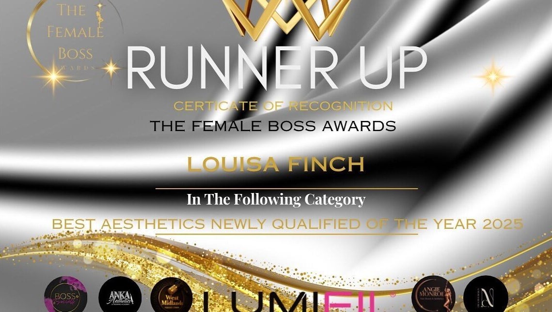 Runner-up certificate at Female Boss Awards displayed at Dream Aesthetics Chelmsford, England, GB.