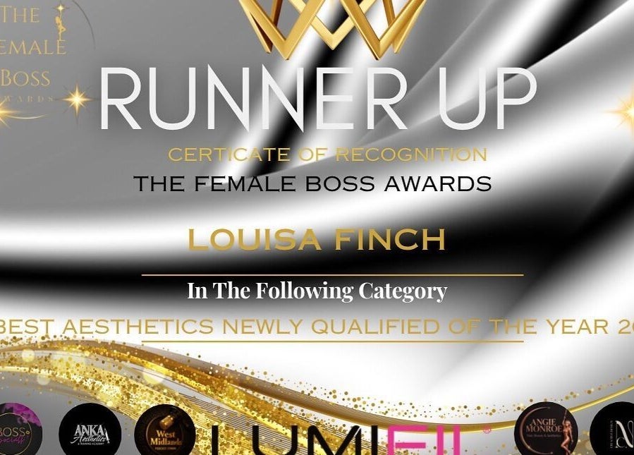 Runner-up certificate at Female Boss Awards displayed at Dream Aesthetics Chelmsford, England, GB.