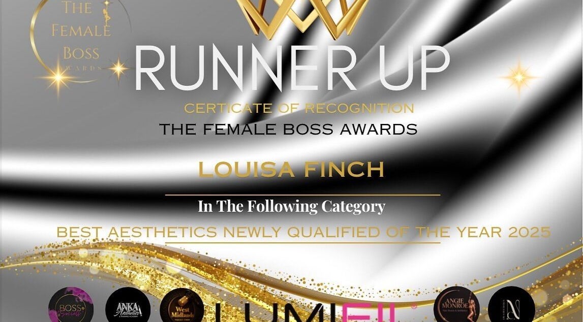 Runner-up certificate at Female Boss Awards displayed at Dream Aesthetics Chelmsford, England, GB.
