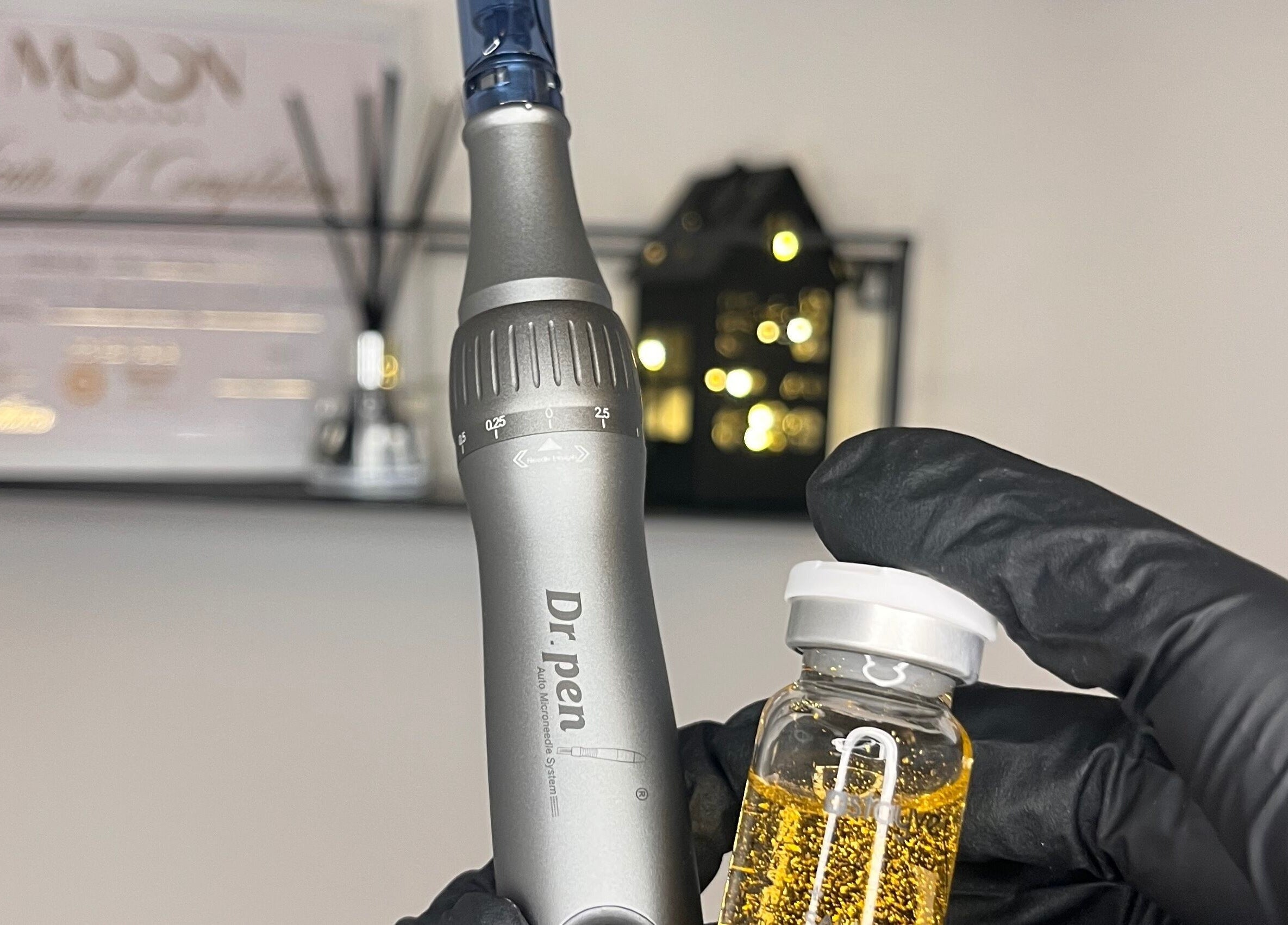 Microneedling tool and serum at Dream Aesthetics, Chelmsford, England, GB highlighting beauty treatment.