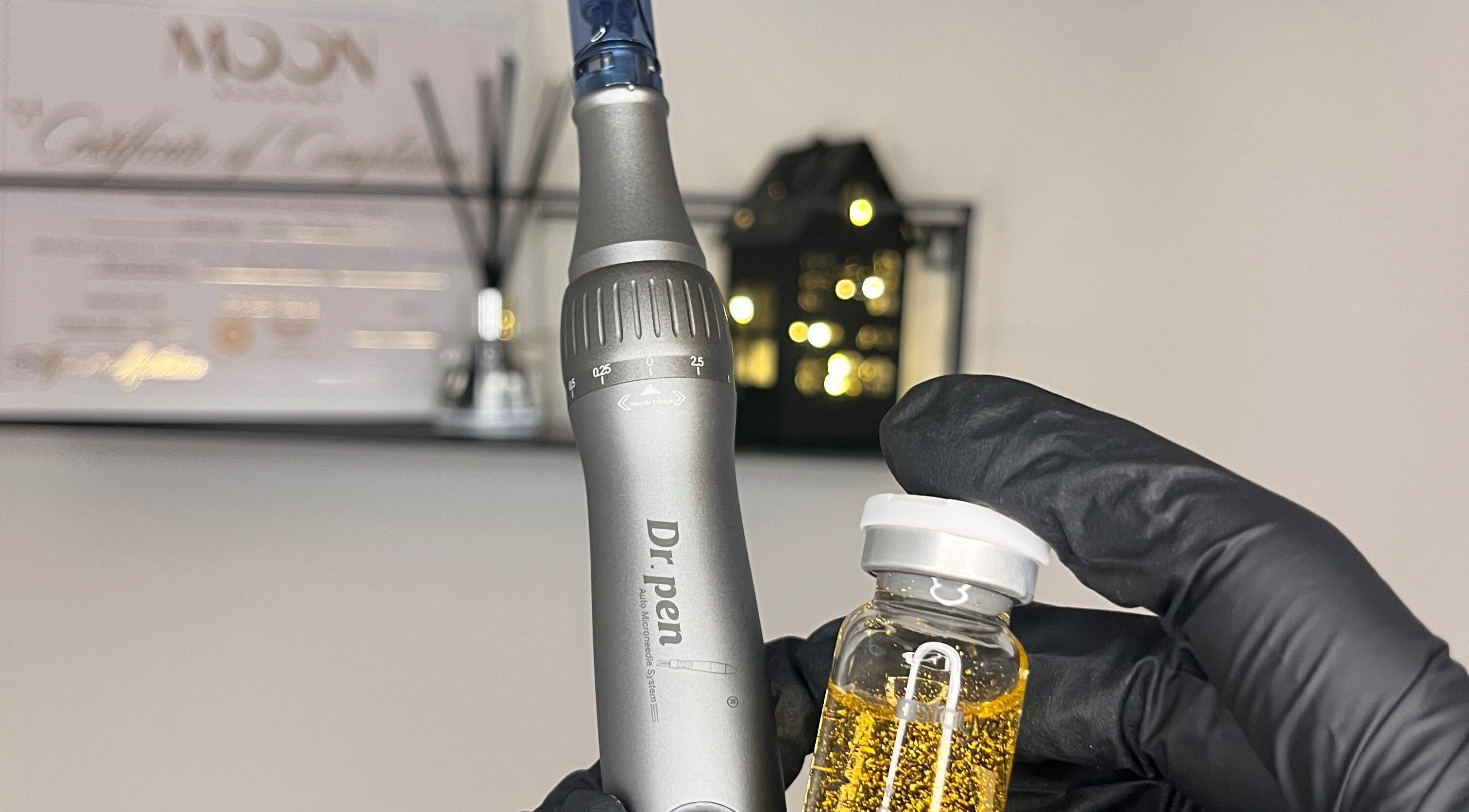 Microneedling tool and serum at Dream Aesthetics, Chelmsford, England, GB highlighting beauty treatment.