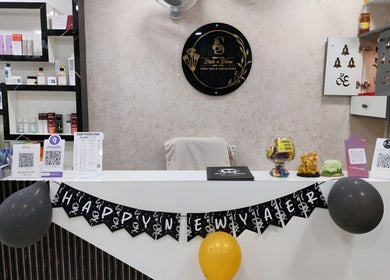 Reception area of Style N Shine salon, Secunderabad, Telangana, IN, with elegant decor and modern products.