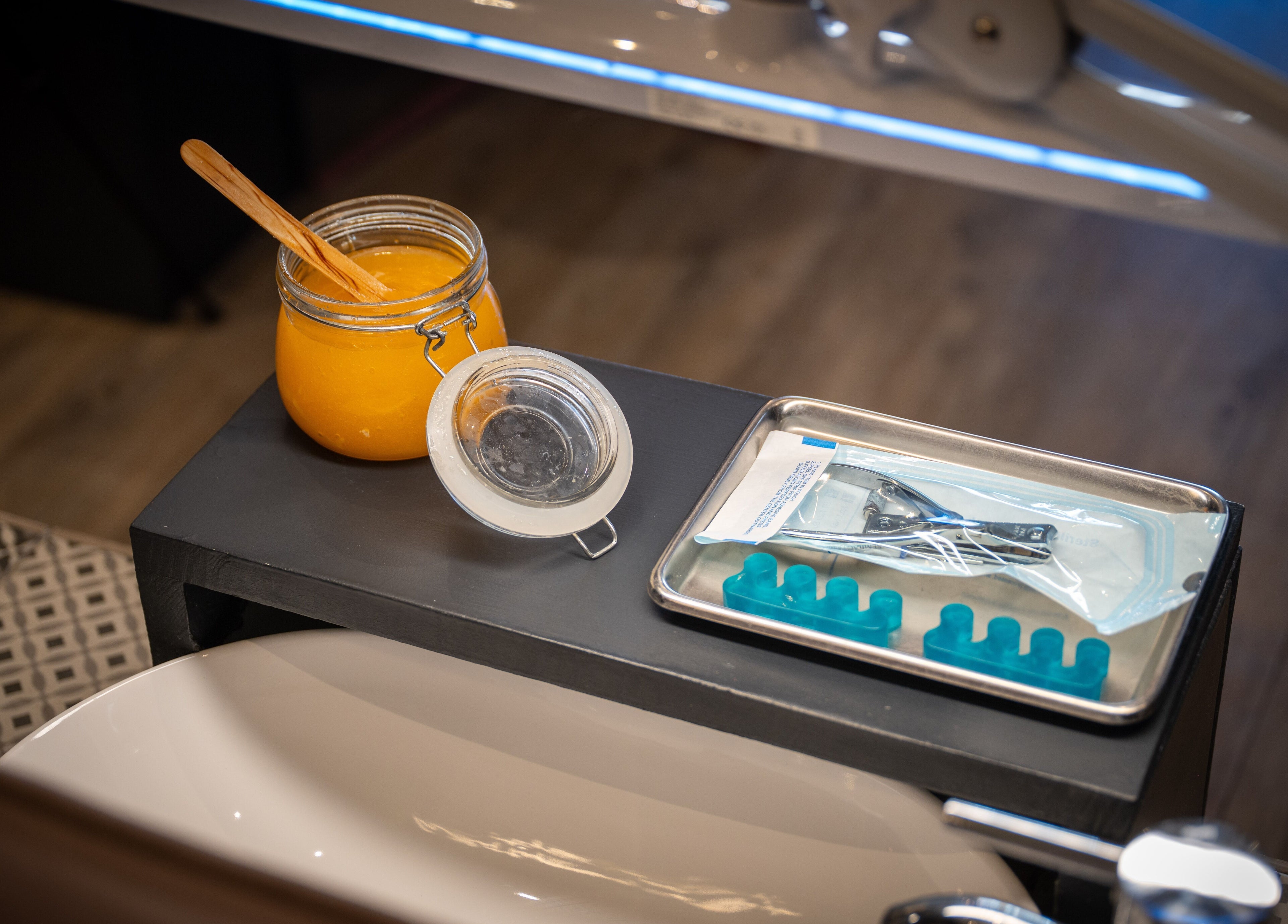 Spa treatment tools and jar at Perfect You, Teddington, England, GB.