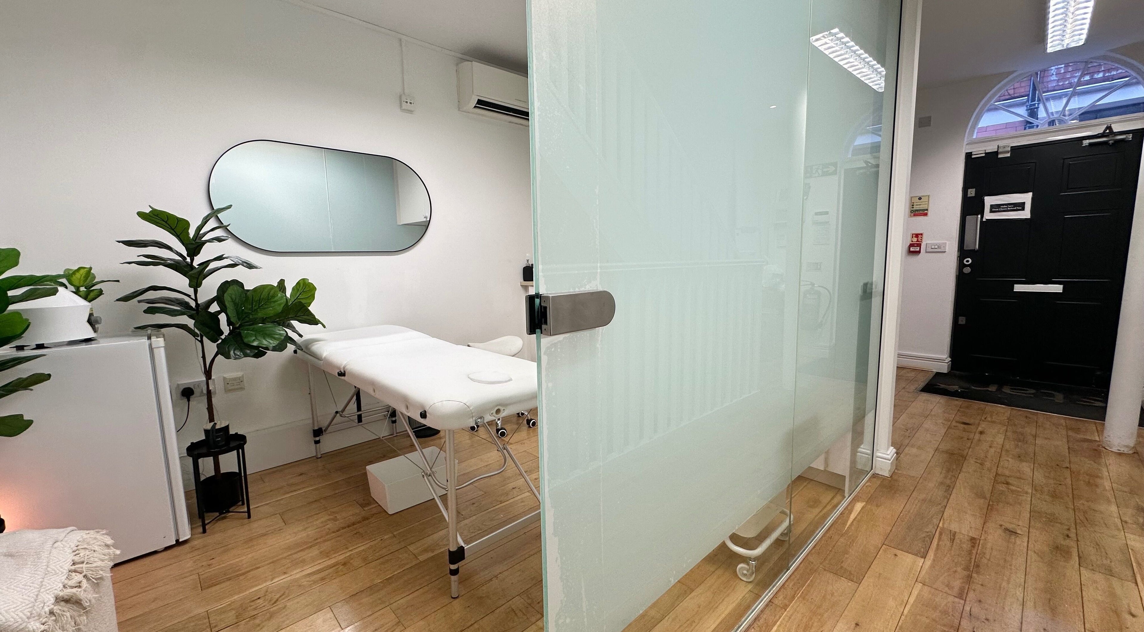 Tranquil treatment room at Noyesh Clinic, Manchester, England, GB, featuring massage table and lush greenery.