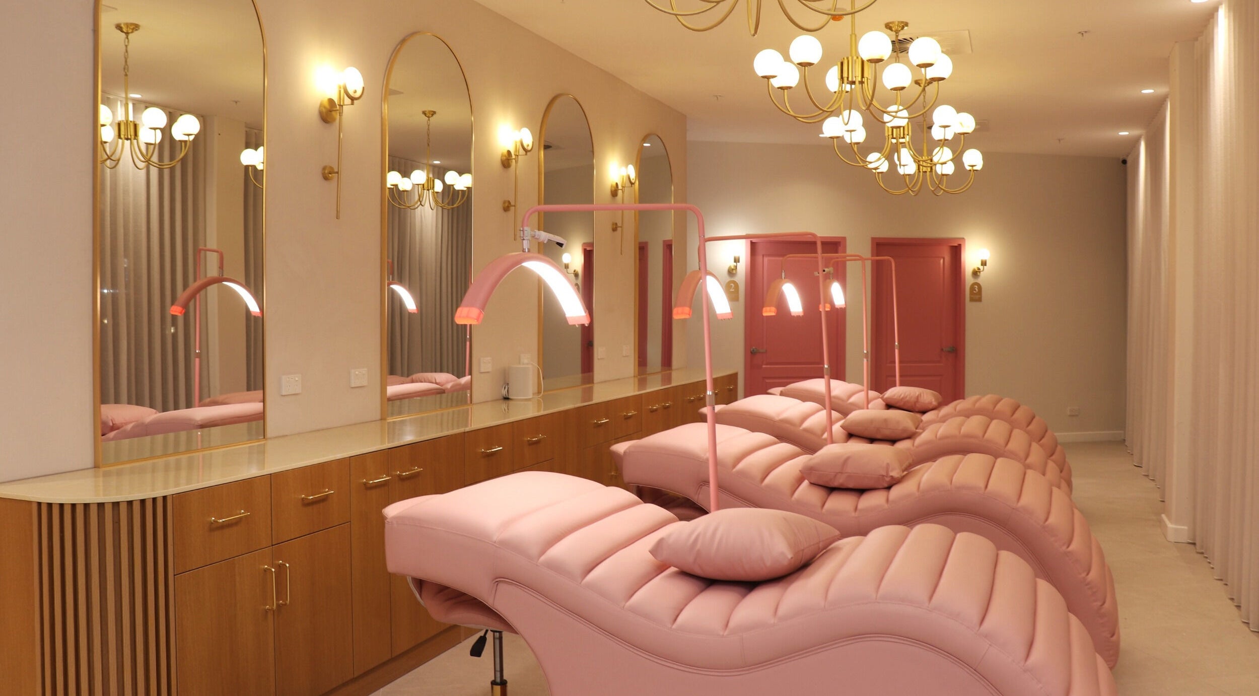 Elegant lounge with pink chairs at Posh Deluxe, Mount Pleasant, Western Australia, AU.