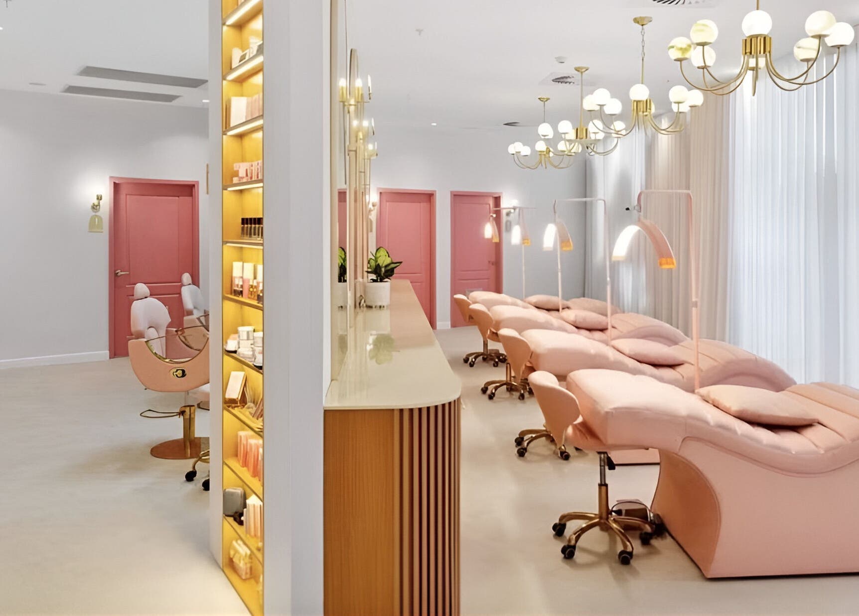 Elegant salon interior at Posh Deluxe, Mount Pleasant, Western Australia, AU with pastel seating and chic décor.