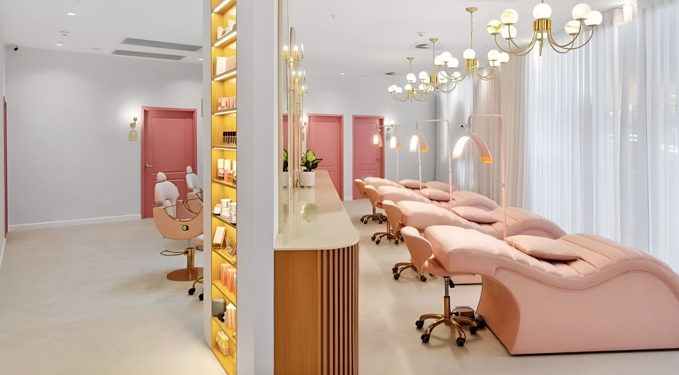 Elegant salon interior at Posh Deluxe, Mount Pleasant, Western Australia, AU with pastel seating and chic décor.