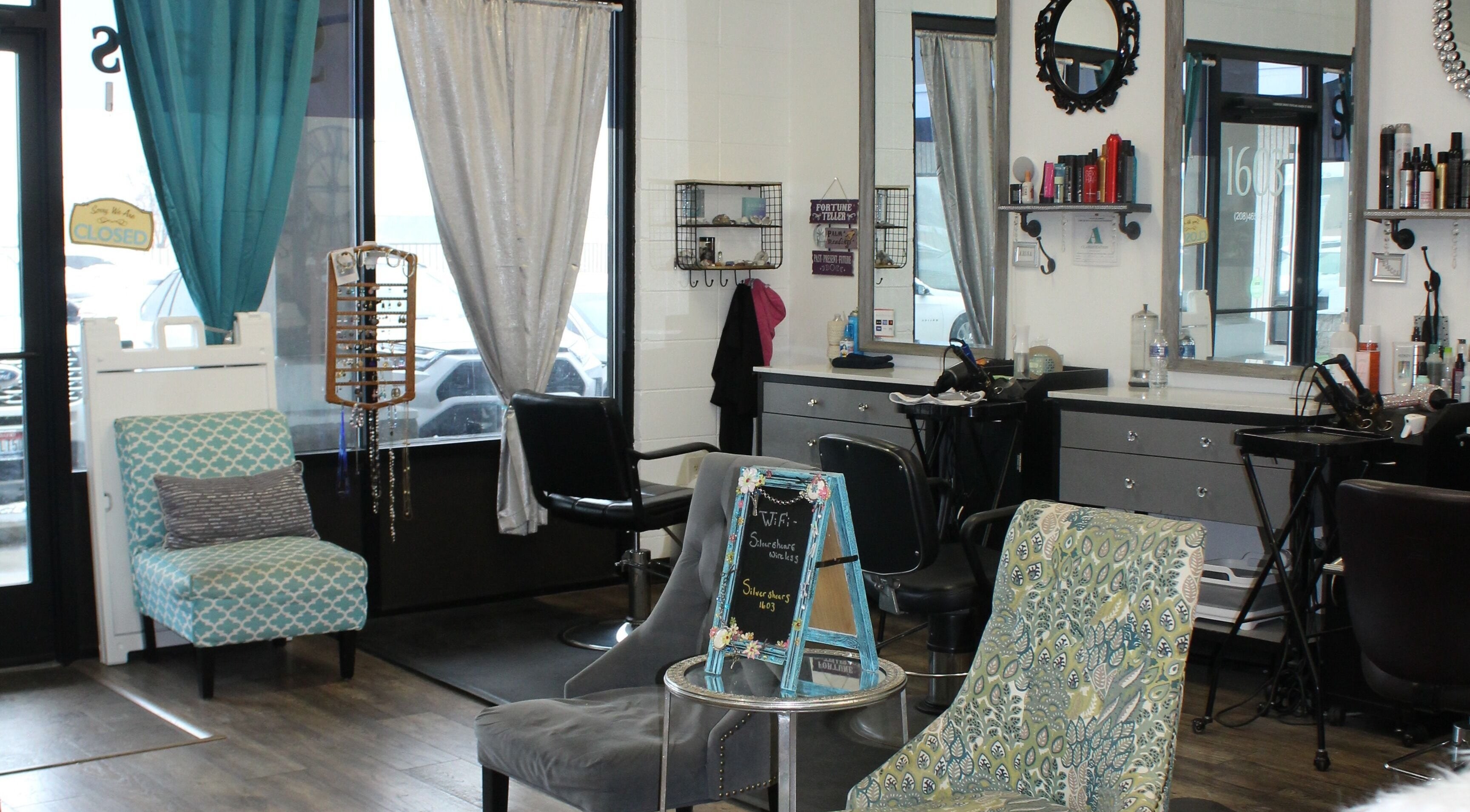 Stylish interior of Silver Shears Hair Salon in Nampa, Idaho, US with modern chairs and decor.