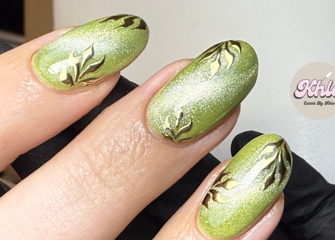 Elegant green nails with leaf designs by CURED BY KHLO, Great Bookham, England, GB.