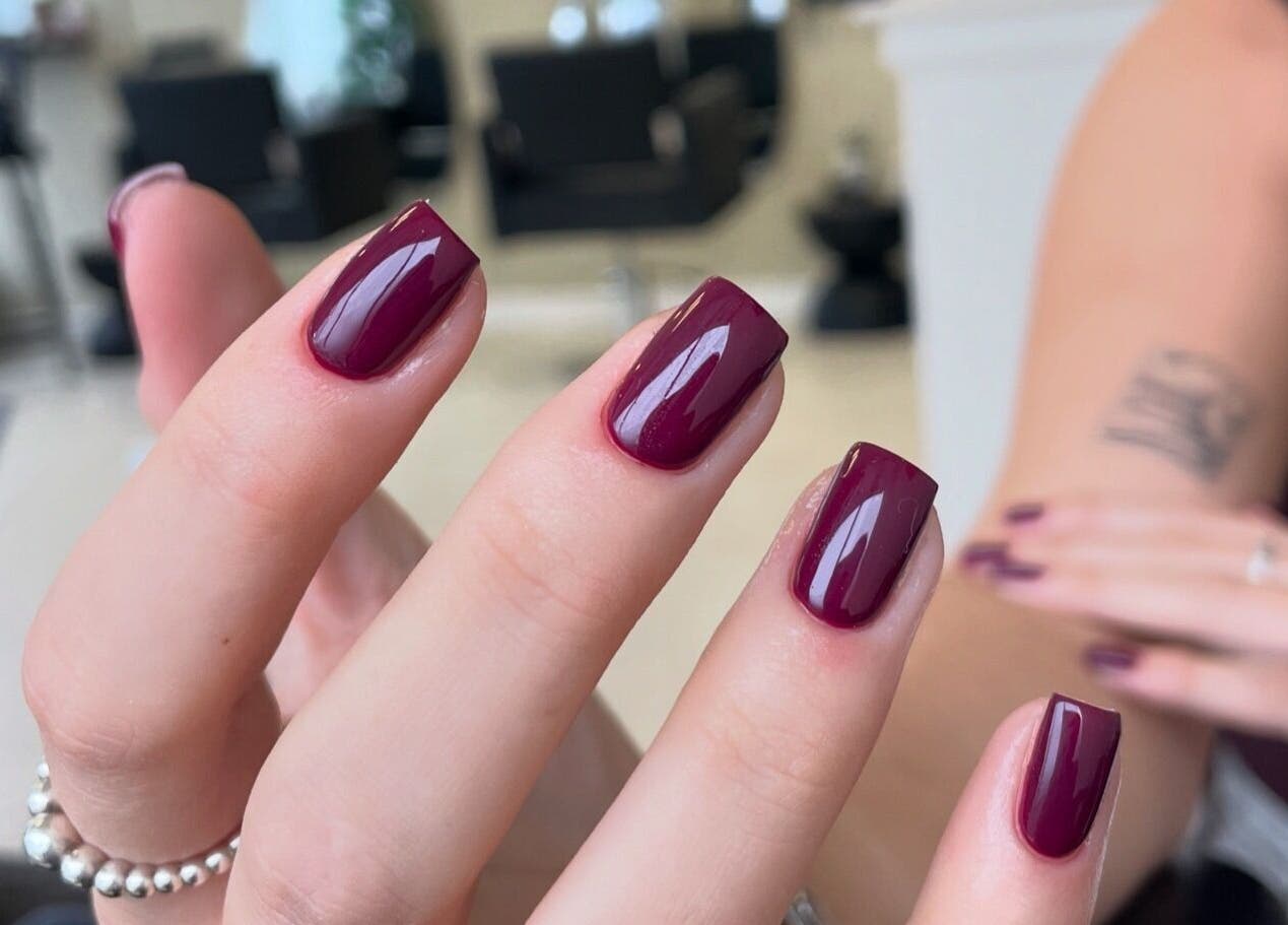 Glossy maroon nails manicure at Nails by Charlotte Goulding, North Shields, England, GB.