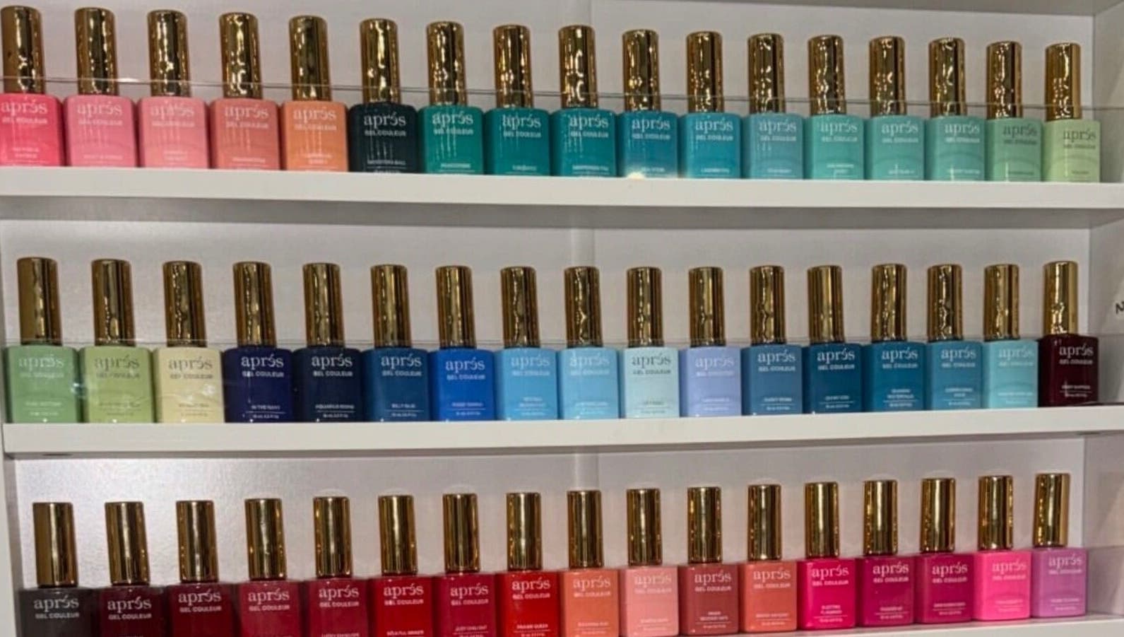 Colorful nail polish display at LinSlayed; Happy Nails Spa in Bolivar, Missouri, US.