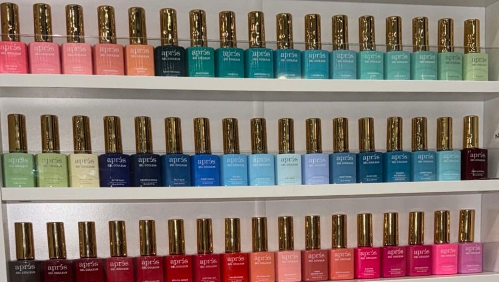 Colorful nail polish display at LinSlayed; Happy Nails Spa in Bolivar, Missouri, US.