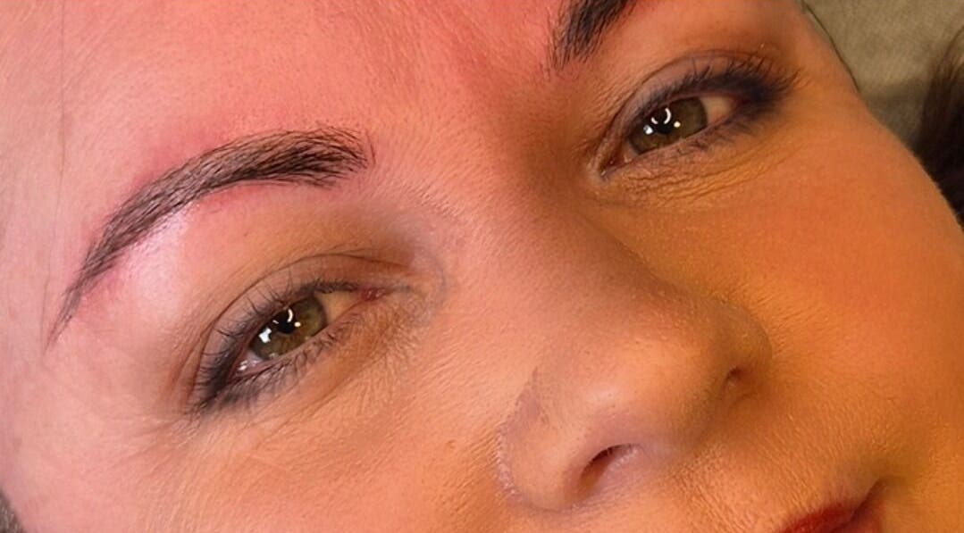 Detailed close-up of eyebrows after treatment at Atelier Beauty and Permanent Make-Up, Newcastle, New South Wales, AU.