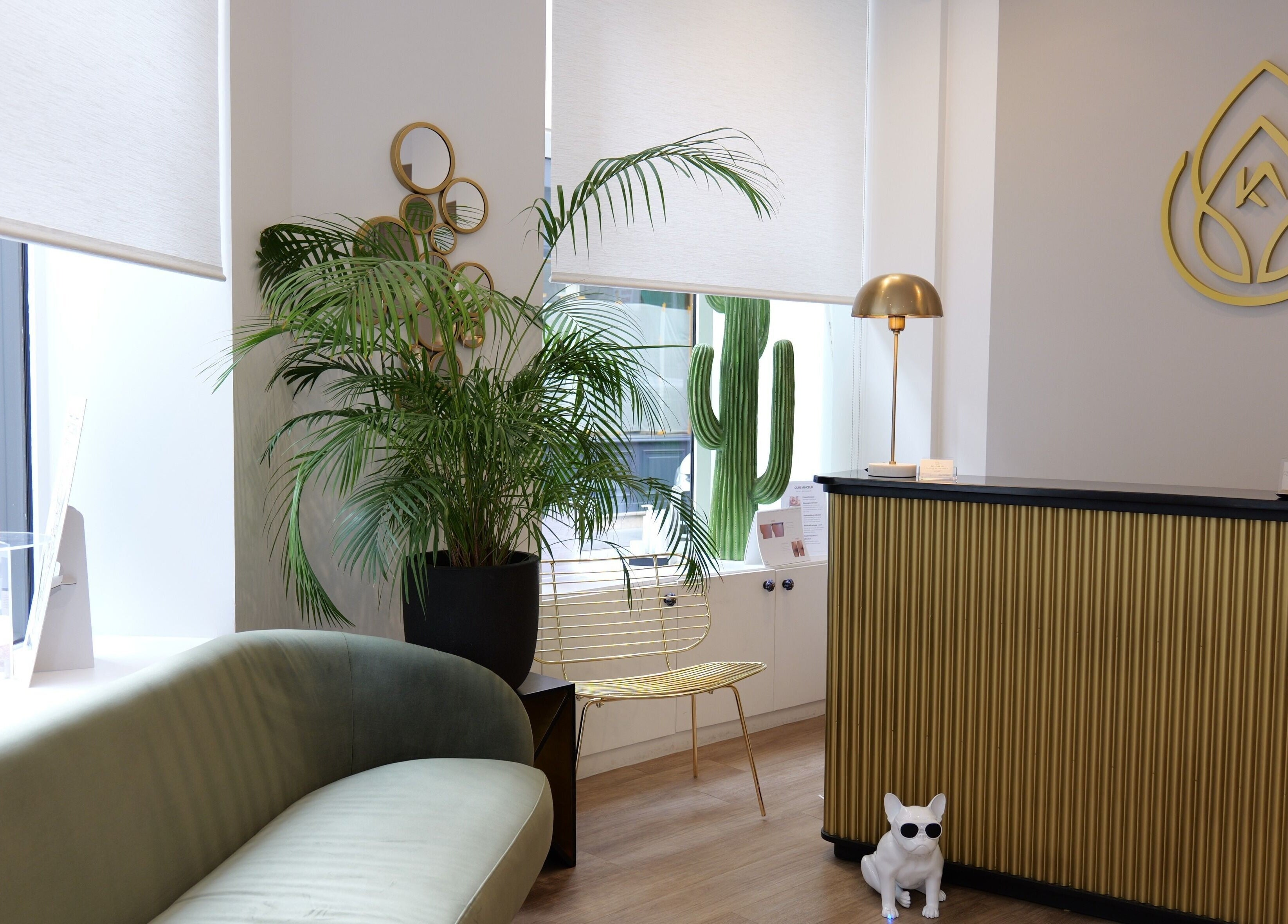 Intérieur élégant de Klaris Esthétique à Paris, Île-de-France, FR, avec un canapé et des plantes.