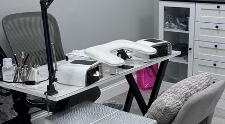 Manicure station at Julia Batalova Russian manicure in New York, New York, US with tools and UV lamp.