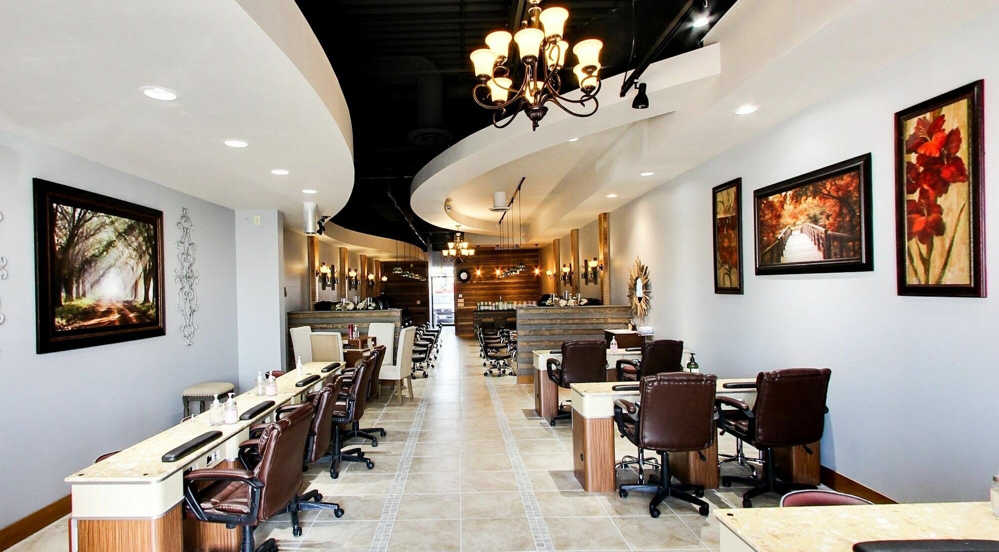 Interior of Natural Nail Bar in Appleton, Wisconsin, US, showcasing elegant manicure stations and stylish decor.