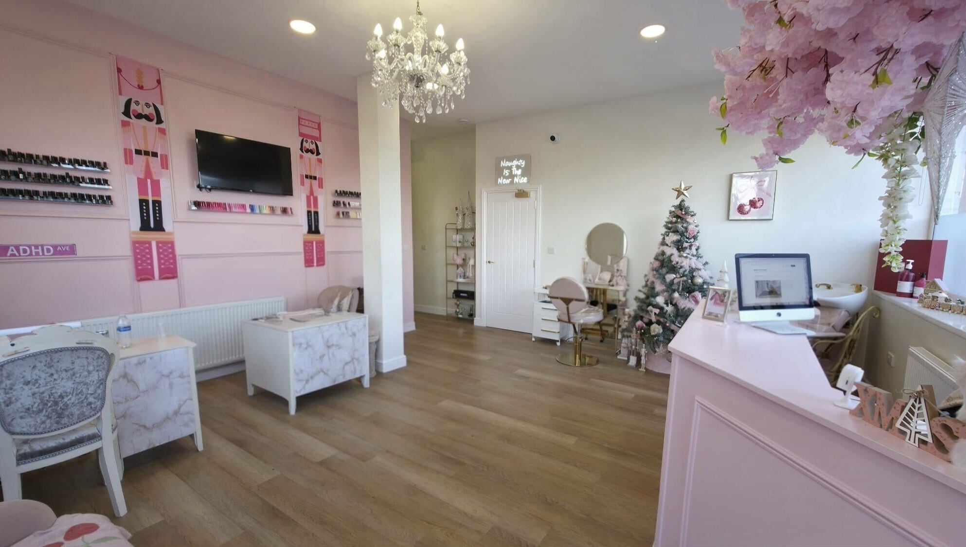 Interior view of Blush, a chic beauty salon in Blyth, England, GB, featuring stylish decor and modern furnishings.