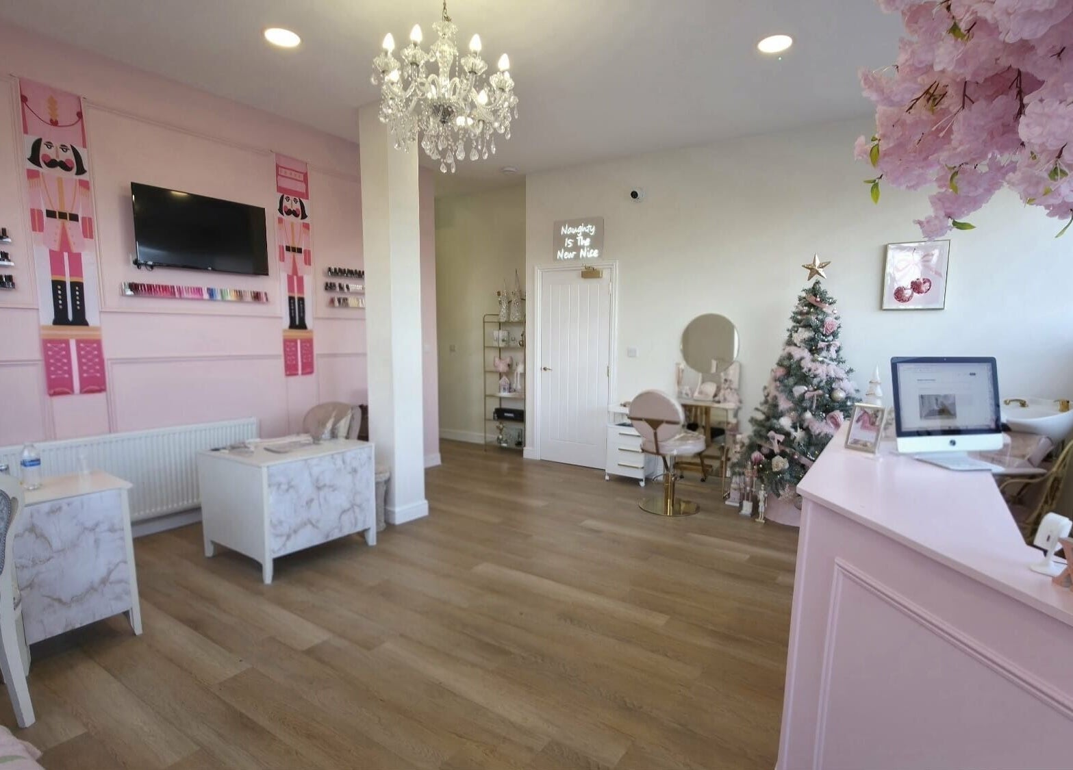Interior view of Blush, a chic beauty salon in Blyth, England, GB, featuring stylish decor and modern furnishings.