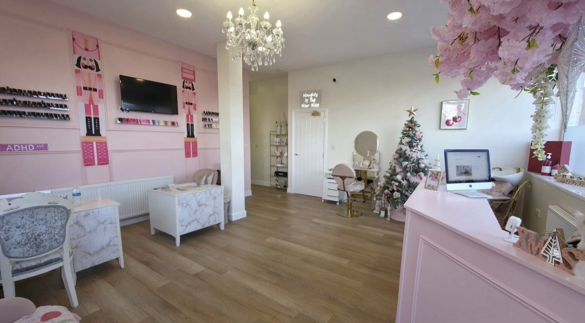 Interior view of Blush, a chic beauty salon in Blyth, England, GB, featuring stylish decor and modern furnishings.