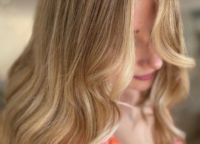 Close-up of styled blonde hair at IsabelleRose.Hair in Ipswich, England, GB.