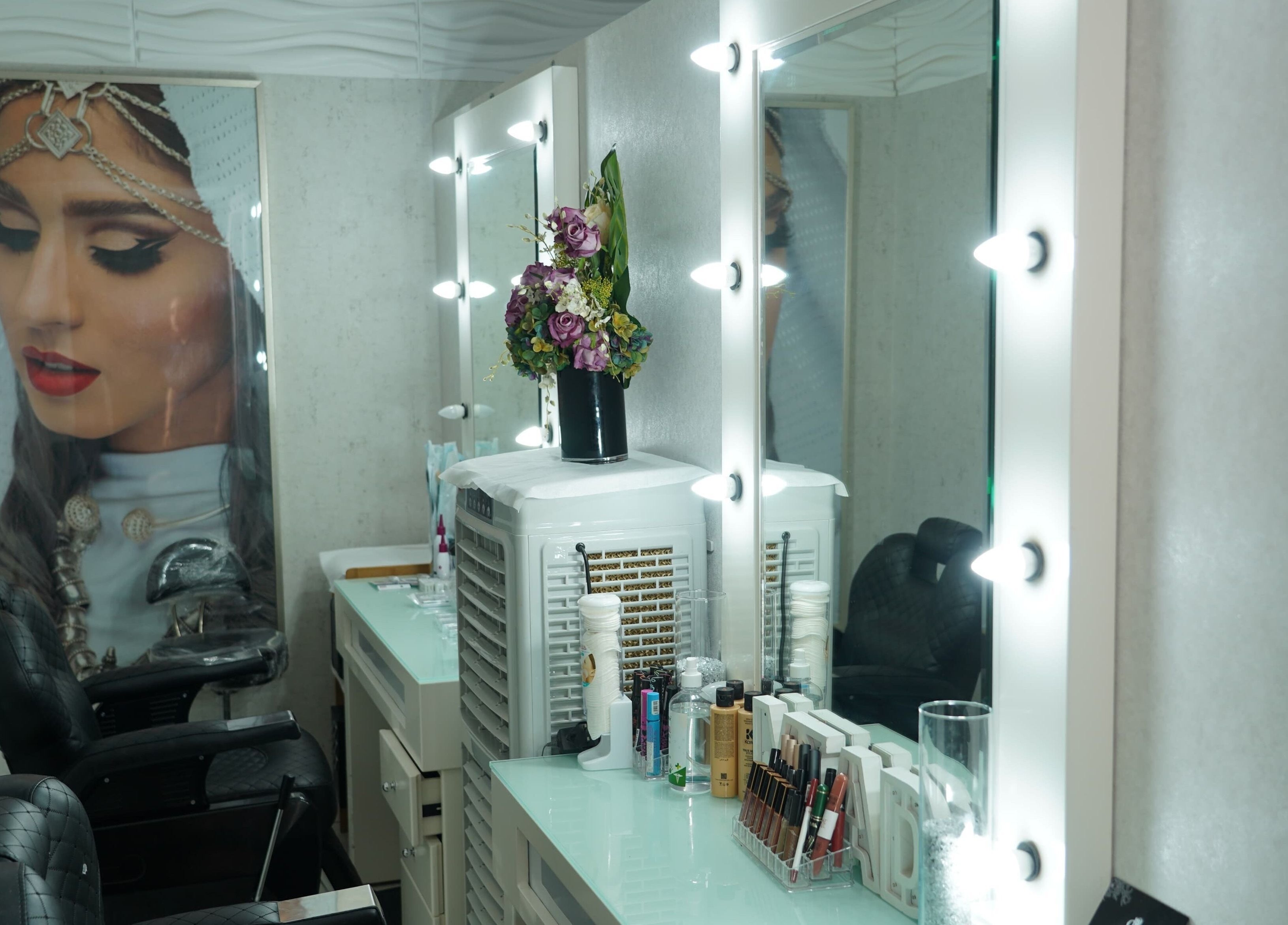 Makeup station at Maid Hassan Beauty Center, Tarut, Eastern Province, SA with elegant decor and products.