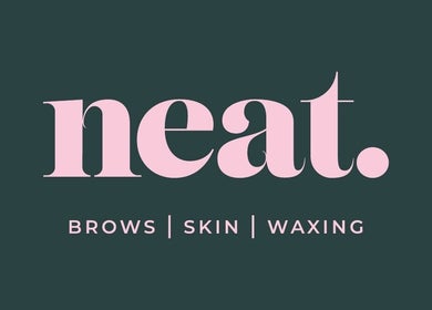 Neat.beauty logo in pink on dark background, showcasing brows, skin, waxing services in Dublin, IE.