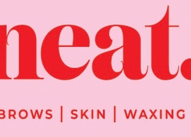 Neat.beauty logo with 'brows, skin, waxing' in Dublin, IE, featuring bold red text on a pink background.